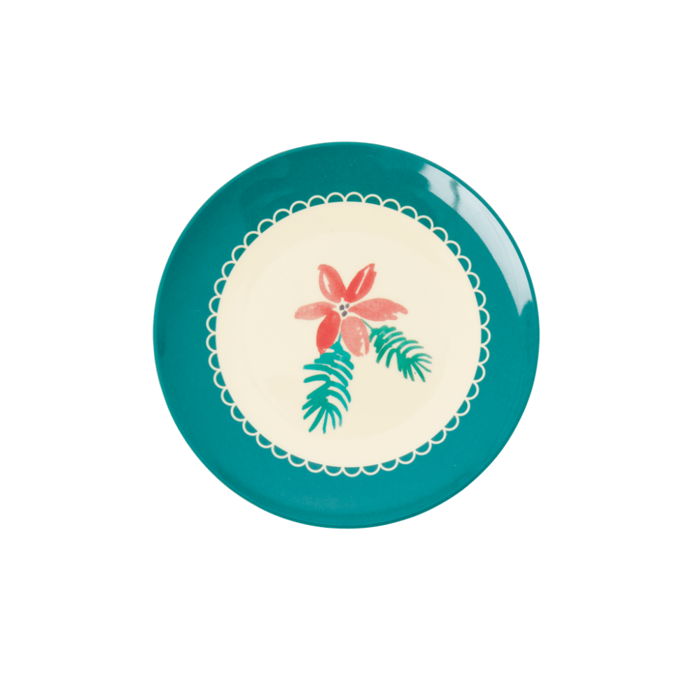 Christmas Poinsettia Print Small Round Melamine Plate Rice DK